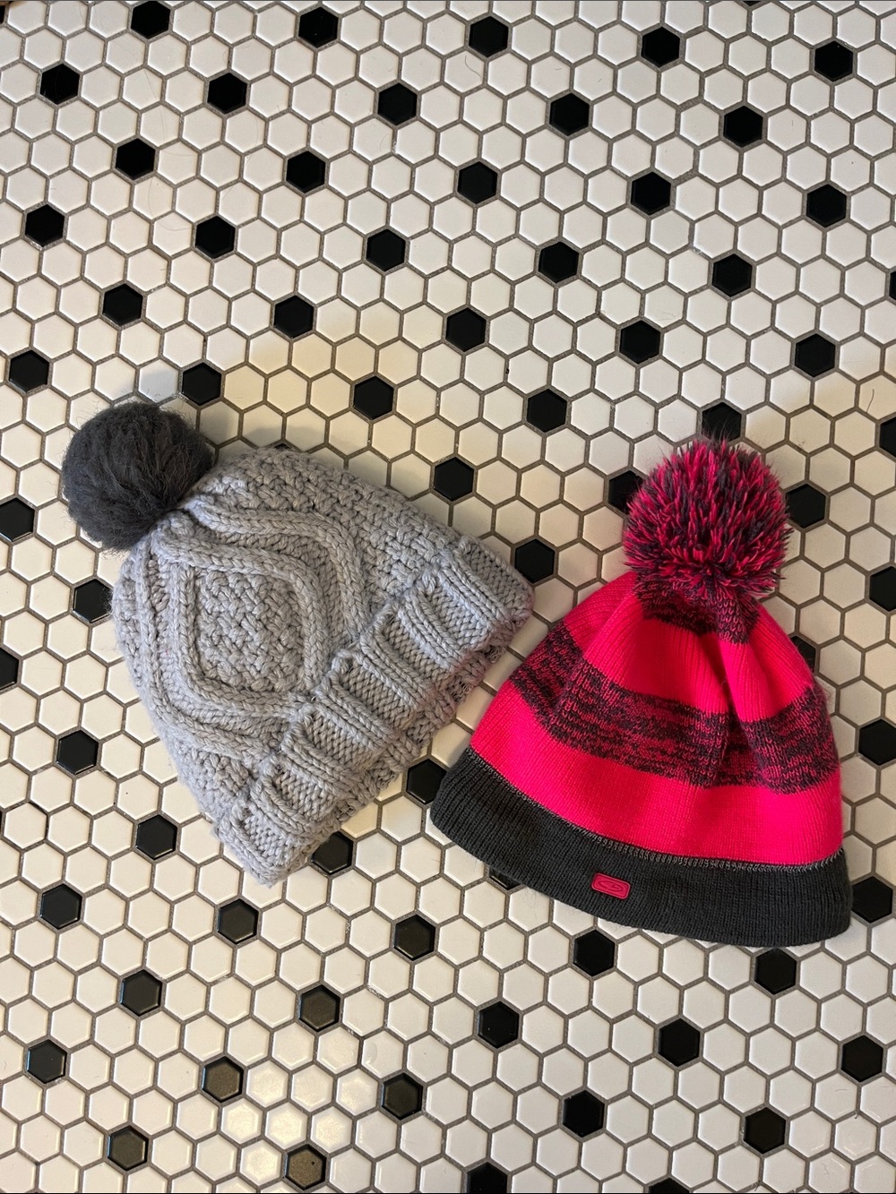 2 hats:  Kids Bright Pink & grey  and areie Gray with Pom Beanie